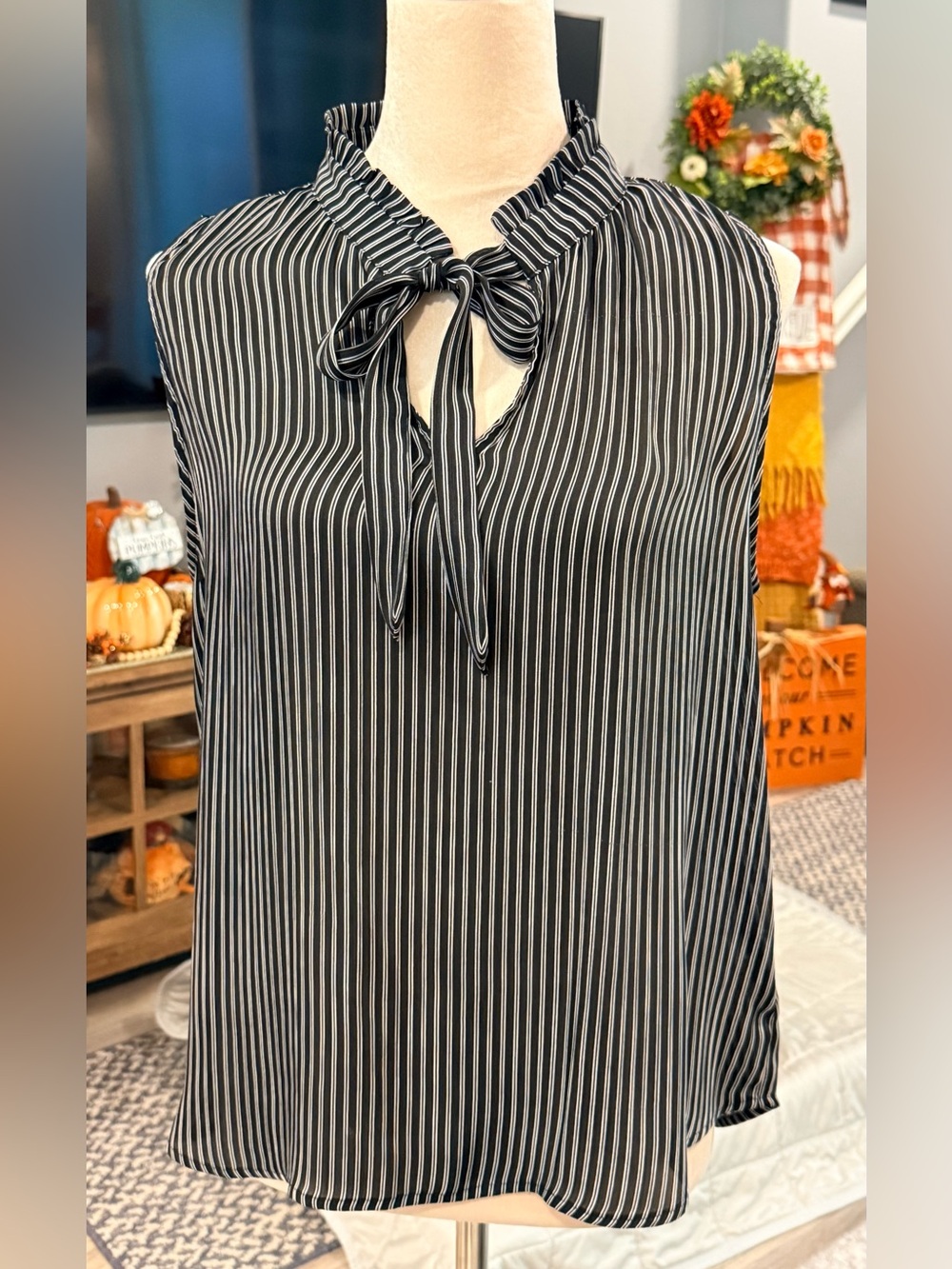 Carly Jean Sleeveless Black & White Striped Tie-Neck Blouse - Size Large